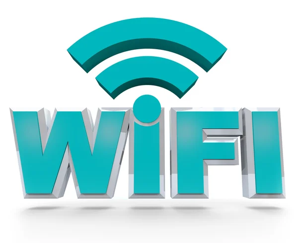 WiFi - letras azules que simbolizan el área del punto de acceso inalámbrico —  Fotos de Stock