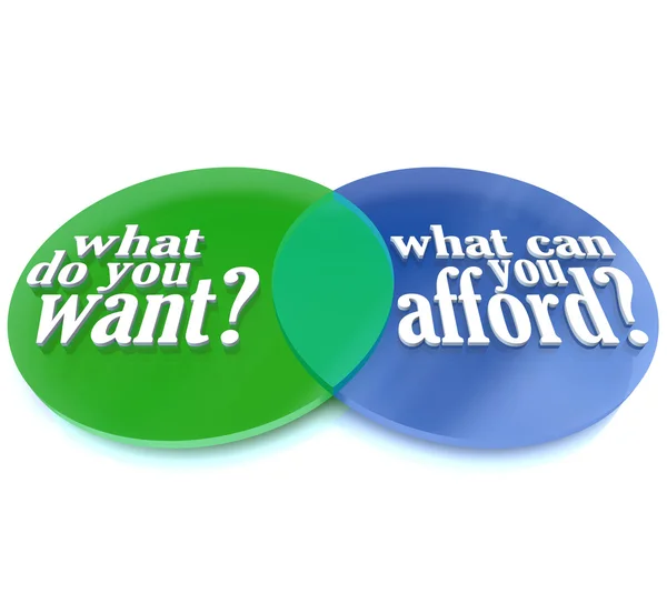 What Do You Want vs Can You Afford Venn Diagram — Stock Photo, Image