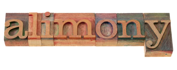 Palavra Alimony Blocos Impressão Tipografia Madeira Vintage Manchado Por Tintas — Fotografia de Stock