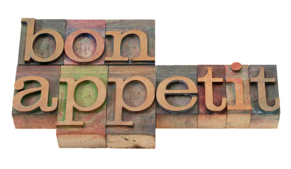 Apetite Bon Frase Blocos Impressão Tipográfica Madeira Vintage Manchados Por — Fotografia de Stock