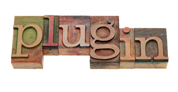 Plugin - λέξη στο letterpress τύπου — Φωτογραφία Αρχείου