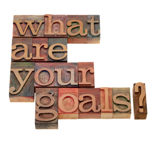 What Your Goals Question Vintage Wooden Letterpress Printing Blocks Stained — Stock Photo, Image