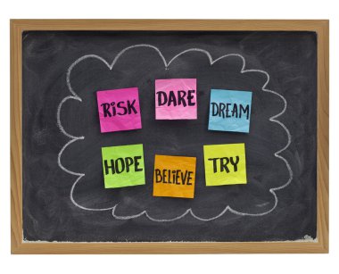 Motivational concept (hope, believe, dare, risk, try,dream) - sticky notes on blackboard clipart