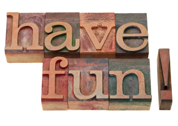 Have Fun Exclamation Vintage Wooden Letterpress Printing Blocks Stained Color — Stock Photo, Image