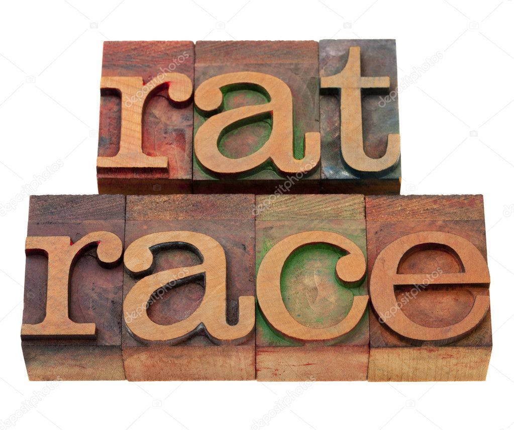 Endless, self-defeating or pointless pursuit - rat race phrase in vintage wooden letterpress printing blocks, stained by color inks, isolated on white