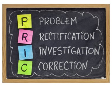 PRIC (Problem, Rectification, Investigation, Correction) - good quality management practice - sticky notes and white chalk handwriting on blackboard clipart