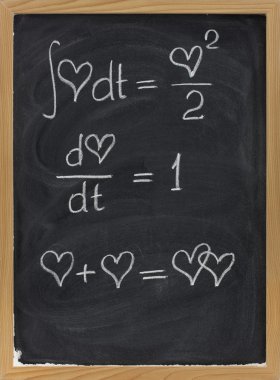 Silgi lekeleri ile yazı tahtası Beyaz tebeşir ile matematik formülleri bağımsız değişken olarak bir kalp çizdi