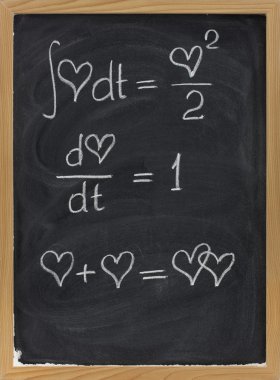 Calculus formulas with a heart as argument sketched with white chalk on blackboard with eraser smudges clipart