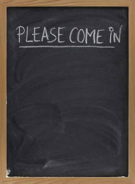 Please Come Invitation Handwritten White Chalk Small Blackboard Eraser Smudges — Stock Photo, Image