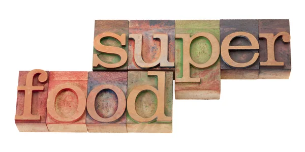 Super jedzenie - słowa w typ typografia — Zdjęcie stockowe