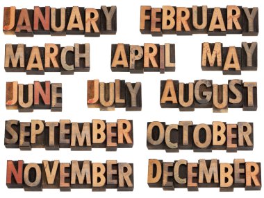 Months in letterpress type clipart