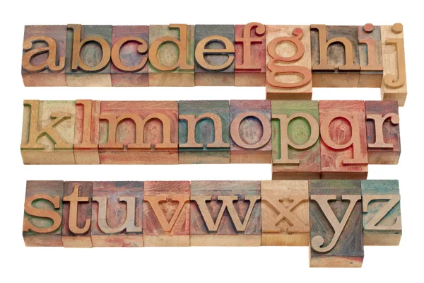 Anglická abeceda v typu dřeva knihtisk — Stock fotografie