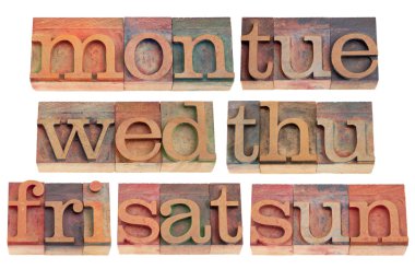 Days of week in letterpress type clipart