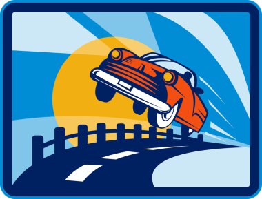 Vintage convertible car flying off the road clipart