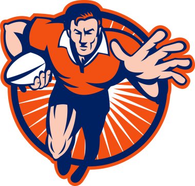 Rugby player running towards you fending off clipart