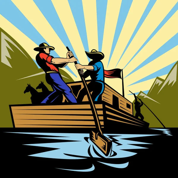 Cowboy man steering flatboat along river — Stock Photo, Image