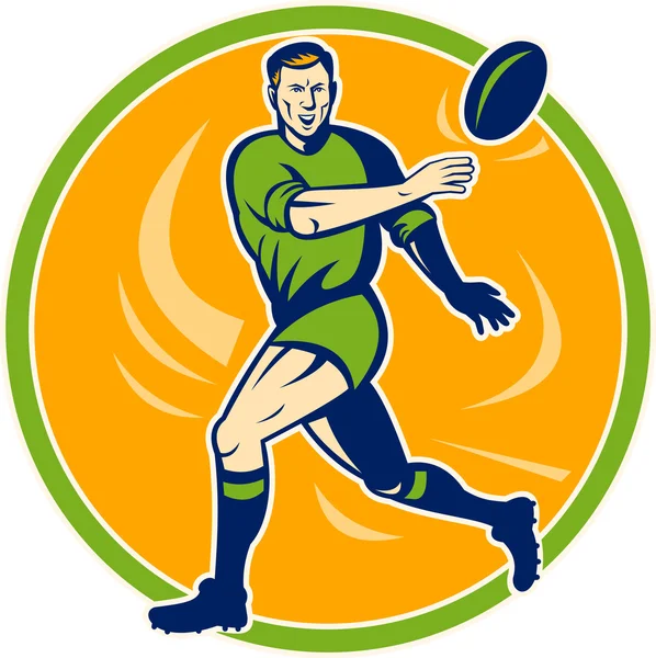 Rugby player running and passing ball — Stock Photo, Image