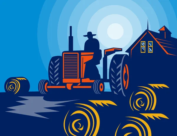 Farmer driving tractor hay bale farmhouse barn — Stock Photo, Image