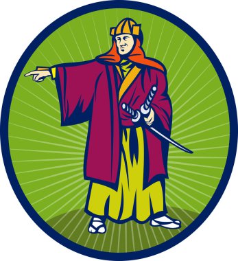 Samurai warrior with katana sword pointing side clipart