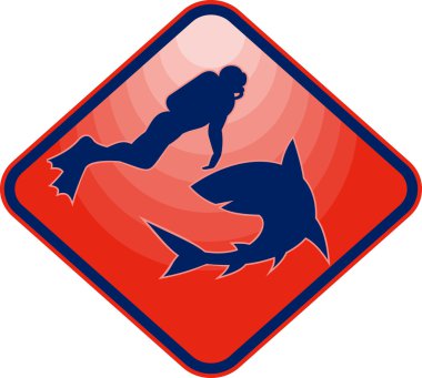 Scared Scuba diver and attacking shark clipart