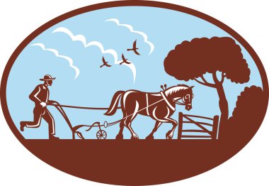 Farmer plowing field with horse clipart