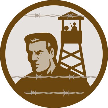 Prisoner of war in a concentration camp with guard tower clipart