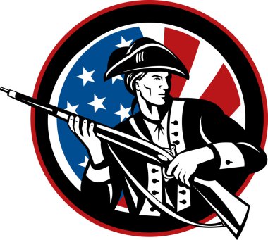 American revolutionary soldier with rifle and flag clipart