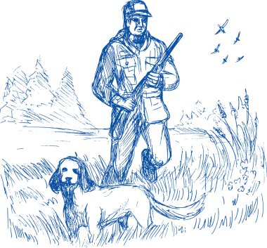 Hunter and trained pointer gun dog hunting clipart