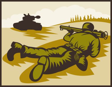 World two soldier aiming bazooka at battle tank clipart