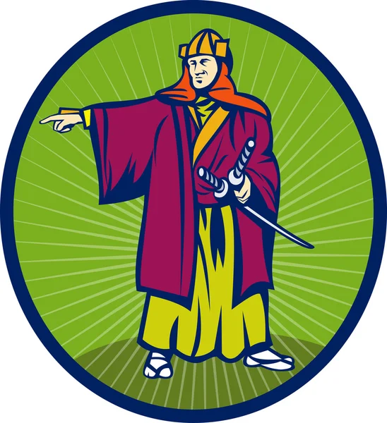 Samuraj wojownik z mieczem katana, wskazując stronę — Zdjęcie stockowe