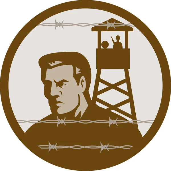 Военнопленный в концентрационном лагере с сторожевой башней — стоковое фото