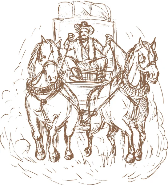 カウボーイ駅馬車のドライバーと馬の前面 — ストック写真