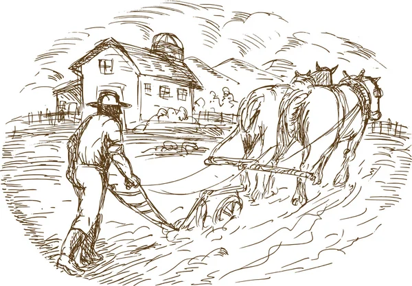 Agricultor e cavalo arar o campo com celeiro fazenda — Fotografia de Stock