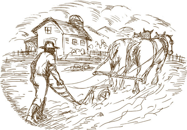 Farmer and horse plowing the field with barn farmhouse