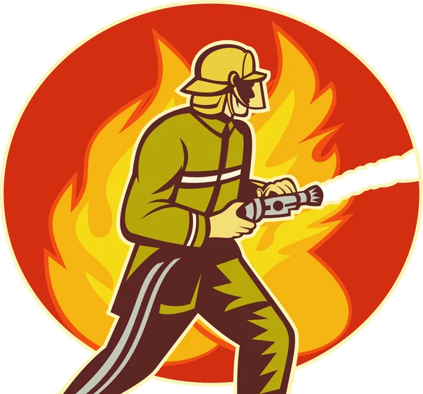 Bombero bombero con manguera de agua lucha contra el fuego —  Fotos de Stock
