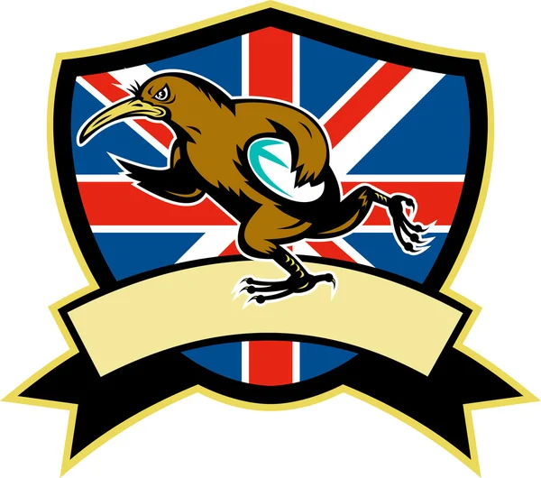 Kiwi jogador de rugby correndo com bola e escudo britânico — Fotografia de Stock