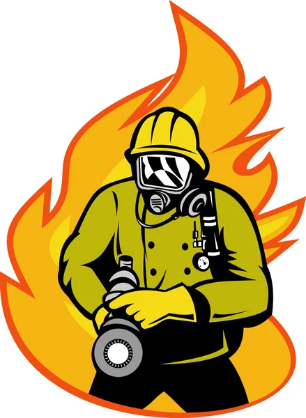 Fireman or firefighter with fire hose — Zdjęcie stockowe