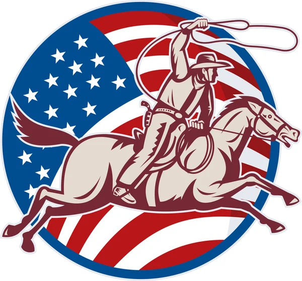 Ковбой верхом на лошади с лассо и американским флагом — стоковое фото