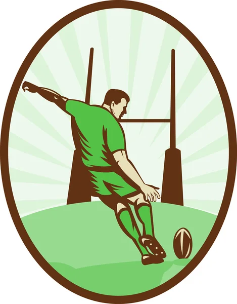 Rugby player kicking ball at goal post — Stock Photo, Image