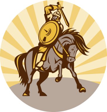 Warrior with shield and sword on horse clipart