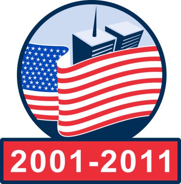 American flag with twin tower building 2001-2011 clipart