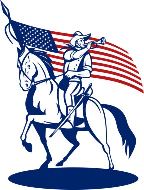 American cavalry soldier riding horse bugle and flag clipart