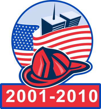 9/11 Anıtı Amerikan bayrağı ile ikiz kuleleri ve itfaiyeci şapkası