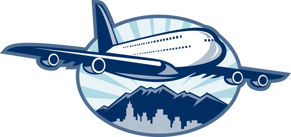 Jumbo passagiersvliegtuig vliegtuig opstijgen met skyline van de stad — Stockfoto