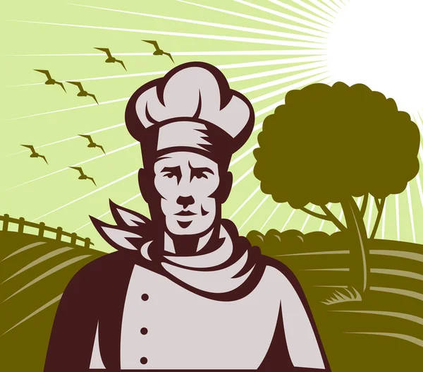 Organické Pekař kuchař nebo kuchařka s farmou v pozadí — Stock fotografie