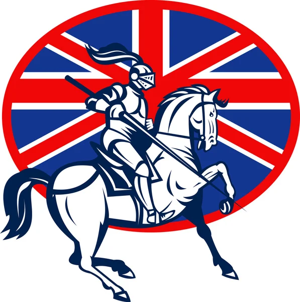Рыцарь на коне с копьём и британским флагом — стоковое фото