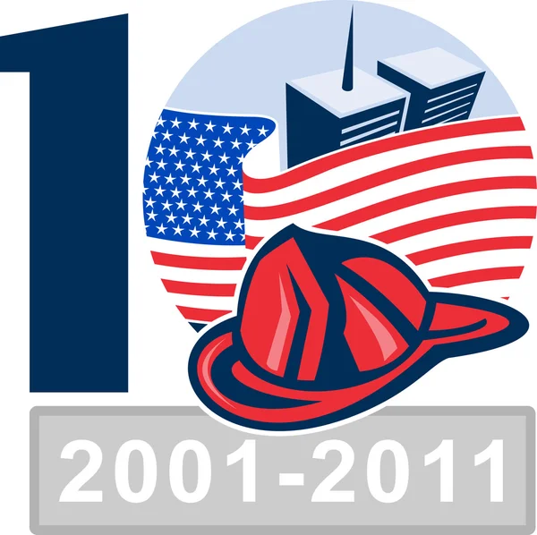 Amerikaanse vlag met twin tower gebouw brandweerman helm — Stockfoto
