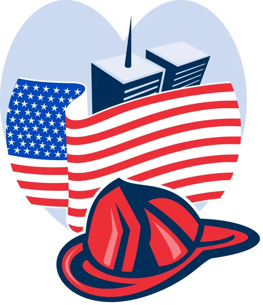 Bandera americana con casco de bombero de edificio de torre gemela —  Fotos de Stock