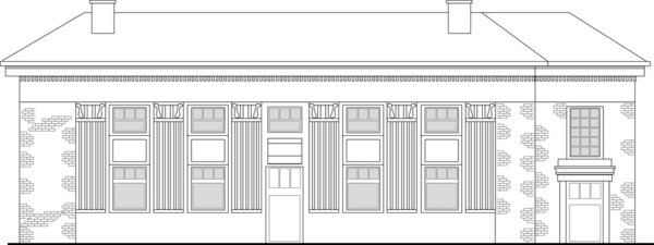Line drawing illustration of a strip mall or shopping center building viewed from front elevation on white background