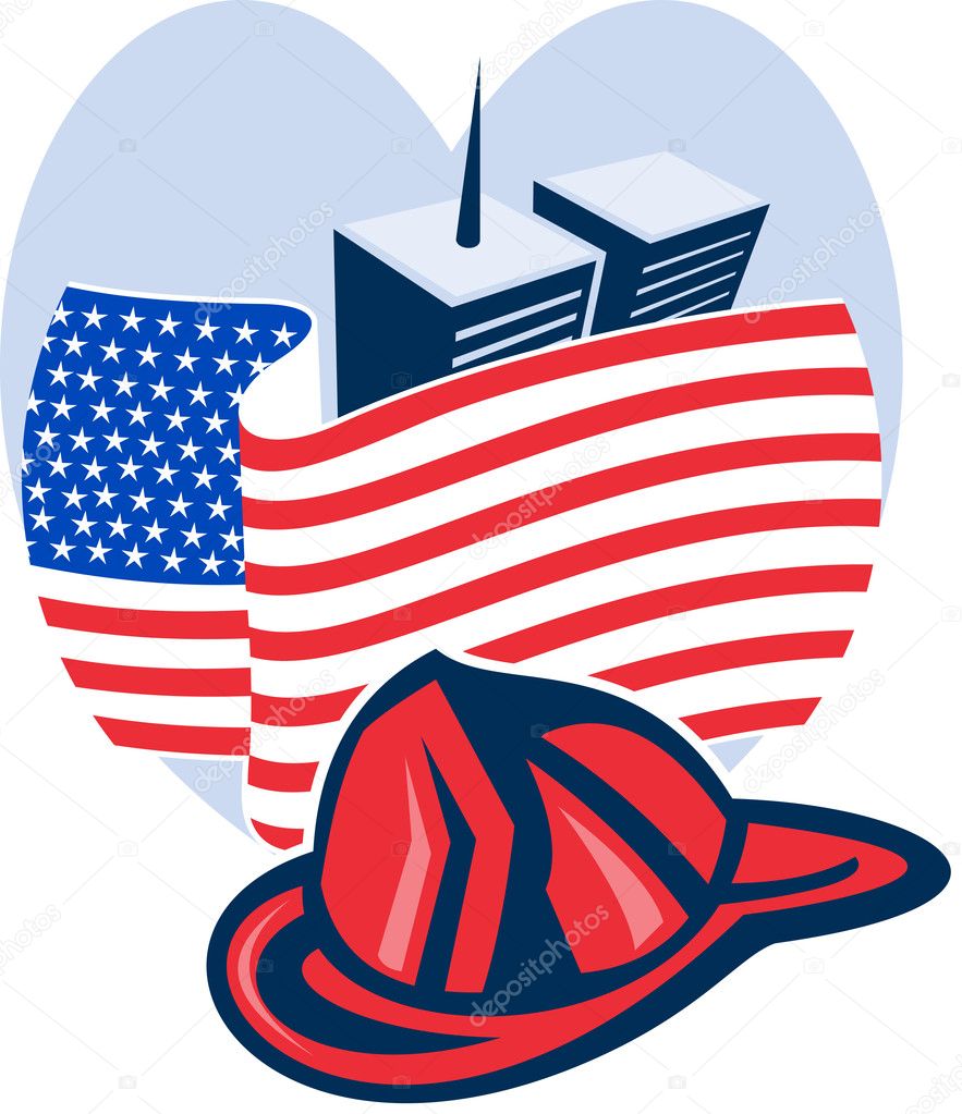 American flag with twin tower building firefighter helmet